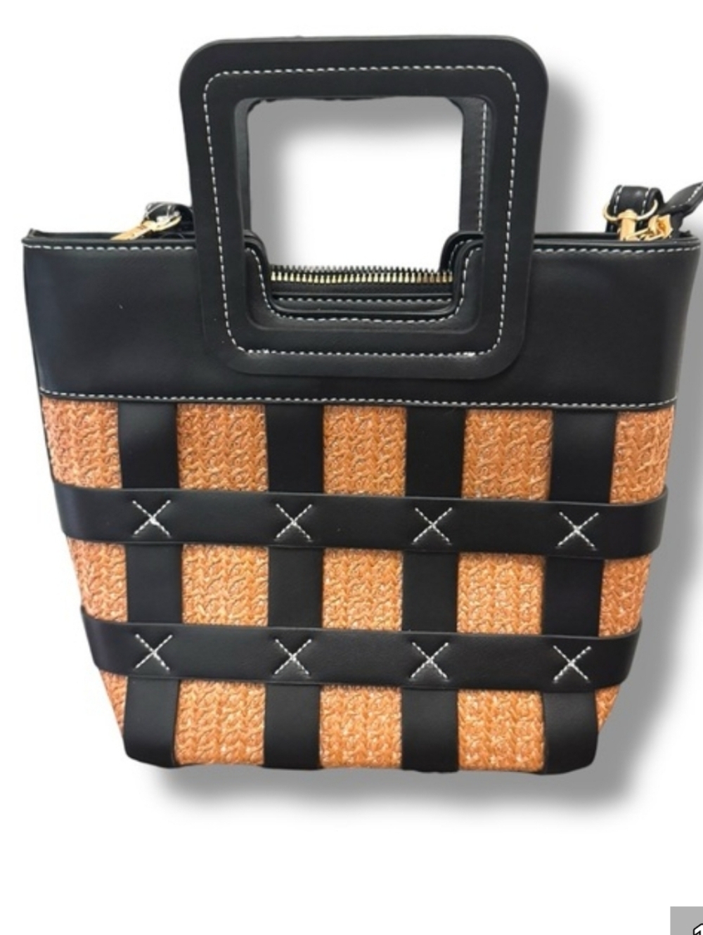 Black and Tan Woven Tote Bag with Square Handle
